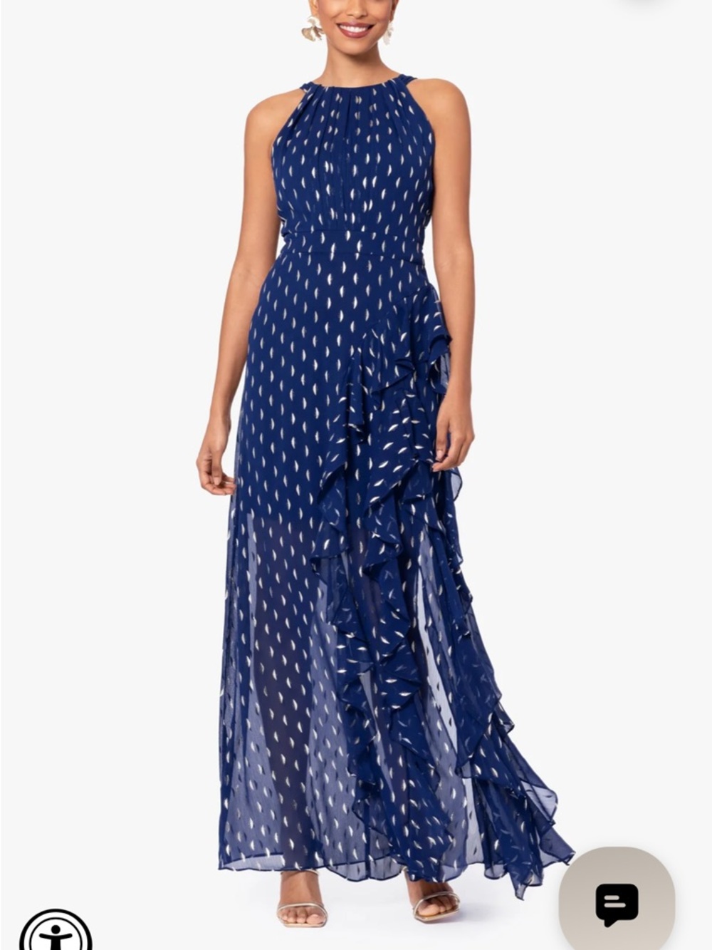 "KARINA" LONG CHIFFON FOIL RUFFLE TIE NECK DRESS